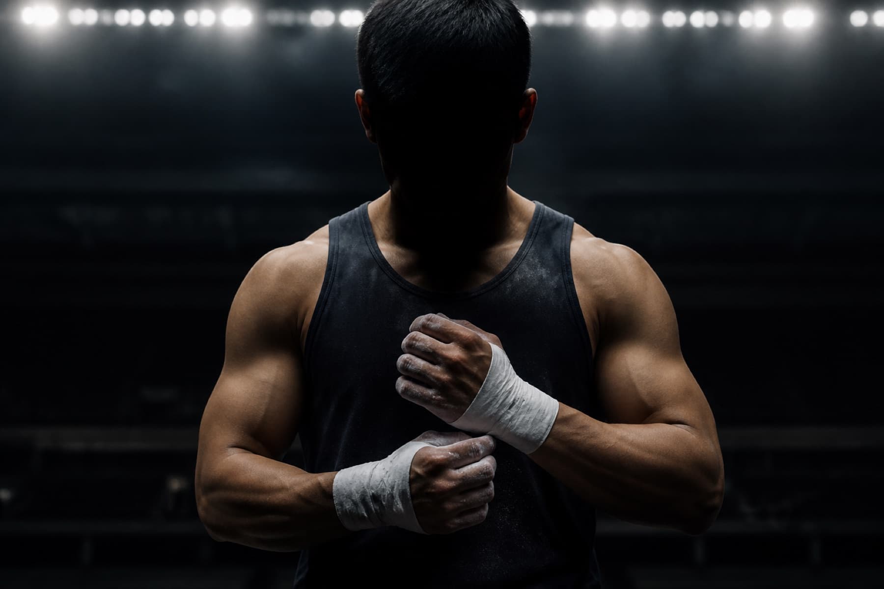 An anonymous Asian athlete under stadium lights — a conceptual portrait for a language problem, not a stand-in for any named player.