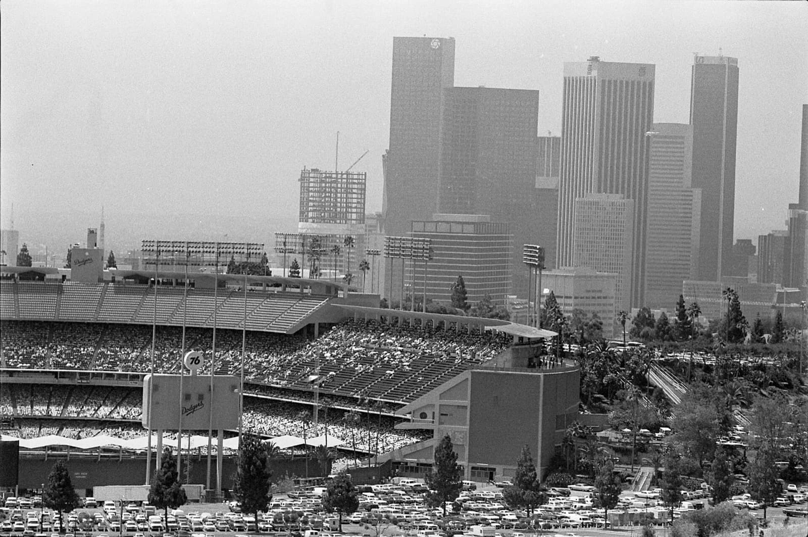 Dodger Stadium looking toward downtown Los Angeles on August 5, 1984 — the same bowl that hosted Olympic baseball then and is scheduled for the LA28 tournament July 13–19, 2028.