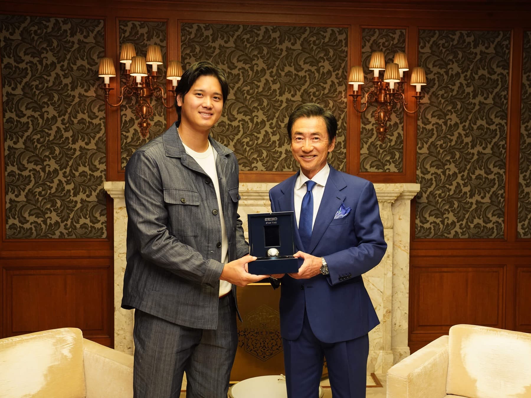 Shohei Ohtani with Seiko Watch Corporation Chairman Shinji Hattori and the one-of-a-kind Seiko Star Time — the 10th-anniversary piece Seiko built after Ohtani asked how much time he still has in baseball.