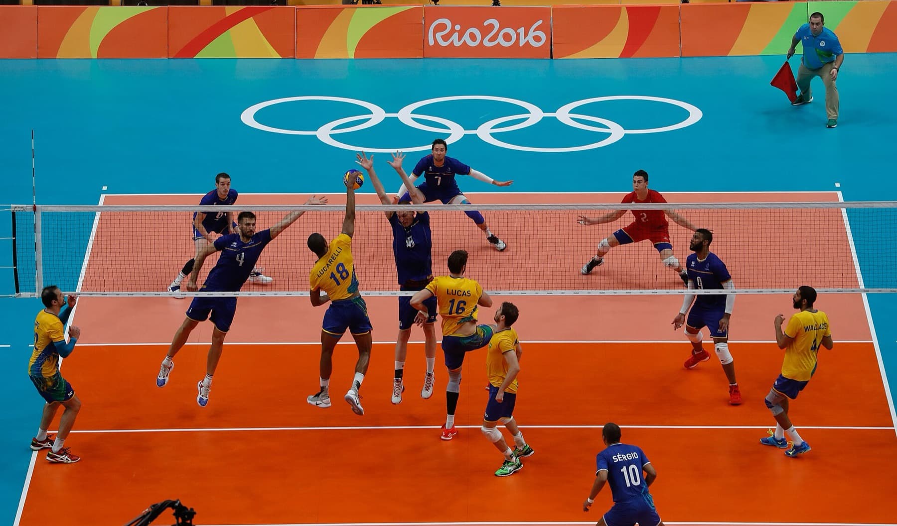 Brazil vs France in men’s volleyball at Rio 2016 — two club-fed programs on the same court; France later turned that European seasoning into back-to-back Olympic gold.