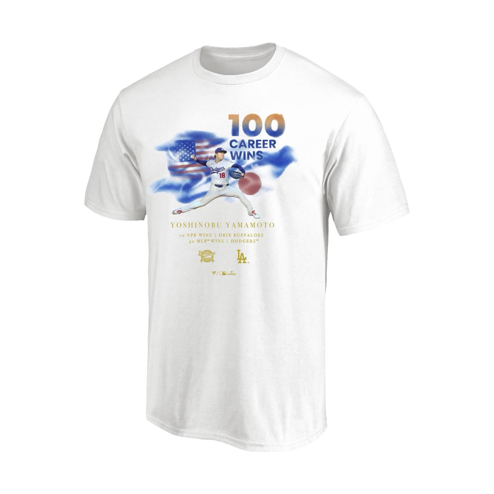 Fanatics’ commemorative tee for Yoshinobu Yamamoto’s 100 combined NPB–MLB wins — 70 with Orix, 30 with the Dodgers — listed on MLB Shop Japan the day after the milestone.