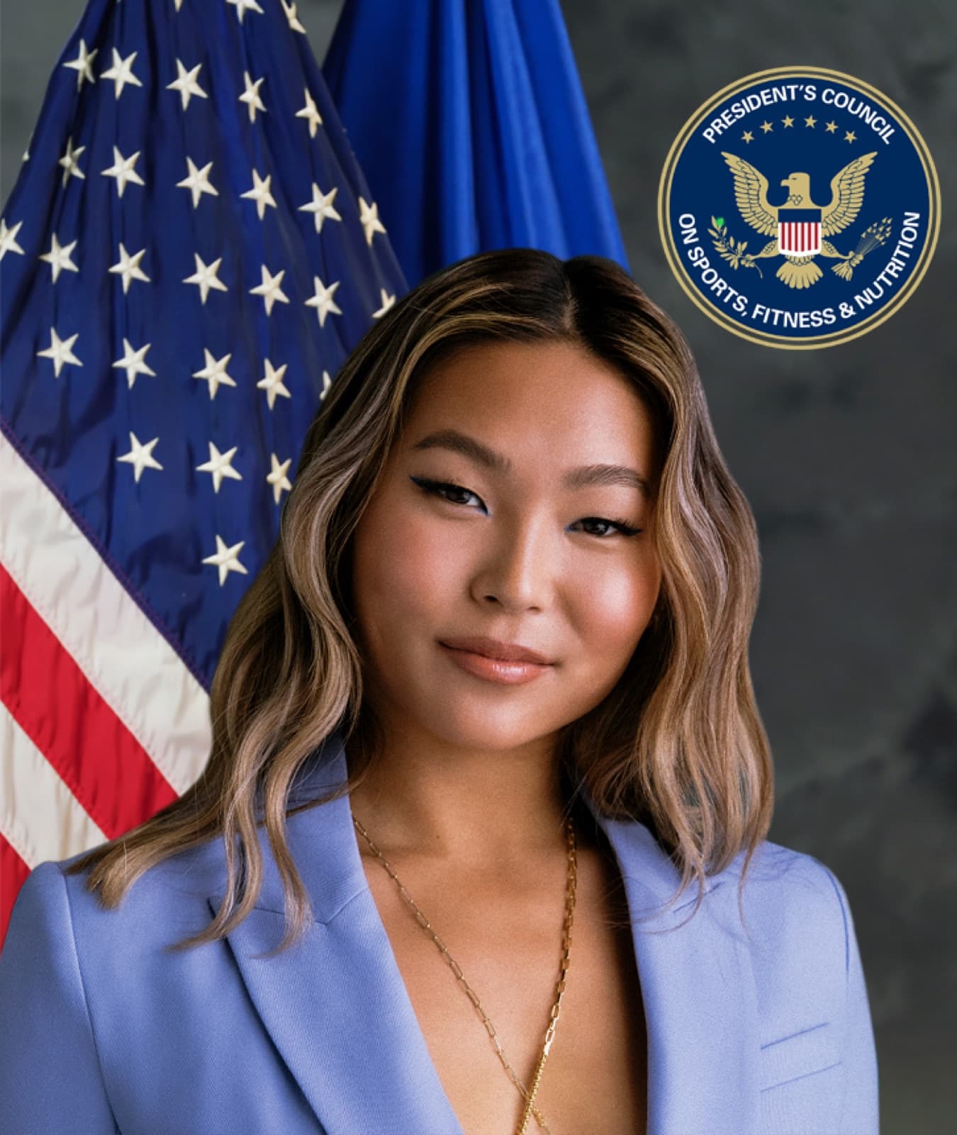 Chloe Kim in a 2023 portrait for the President’s Council on Sports, Fitness & Nutrition. The three-time Olympian has two halfpipe golds and a 2026 Olympic silver.