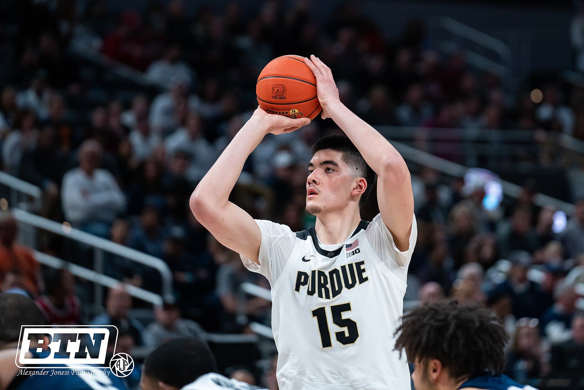 Zach Edey in a Purdue uniform in March 2022 — before consecutive National Player of the Year seasons and the Memphis draft.