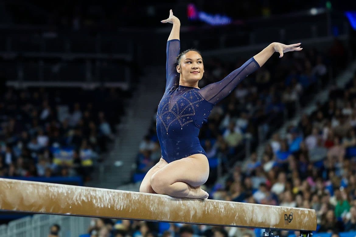 Ciena Alipio on beam for UCLA against Michigan at Pauley Pavilion in February 2026.