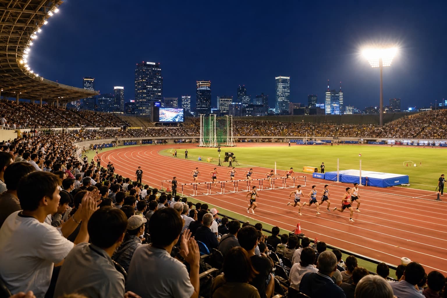 Illustration: a packed night track meet under floodlights — the kind of multi-sport spectacle Aichi–Nagoya will stage from mid-September into early October, with Los Angeles 2028 berths already on the line in several halls.