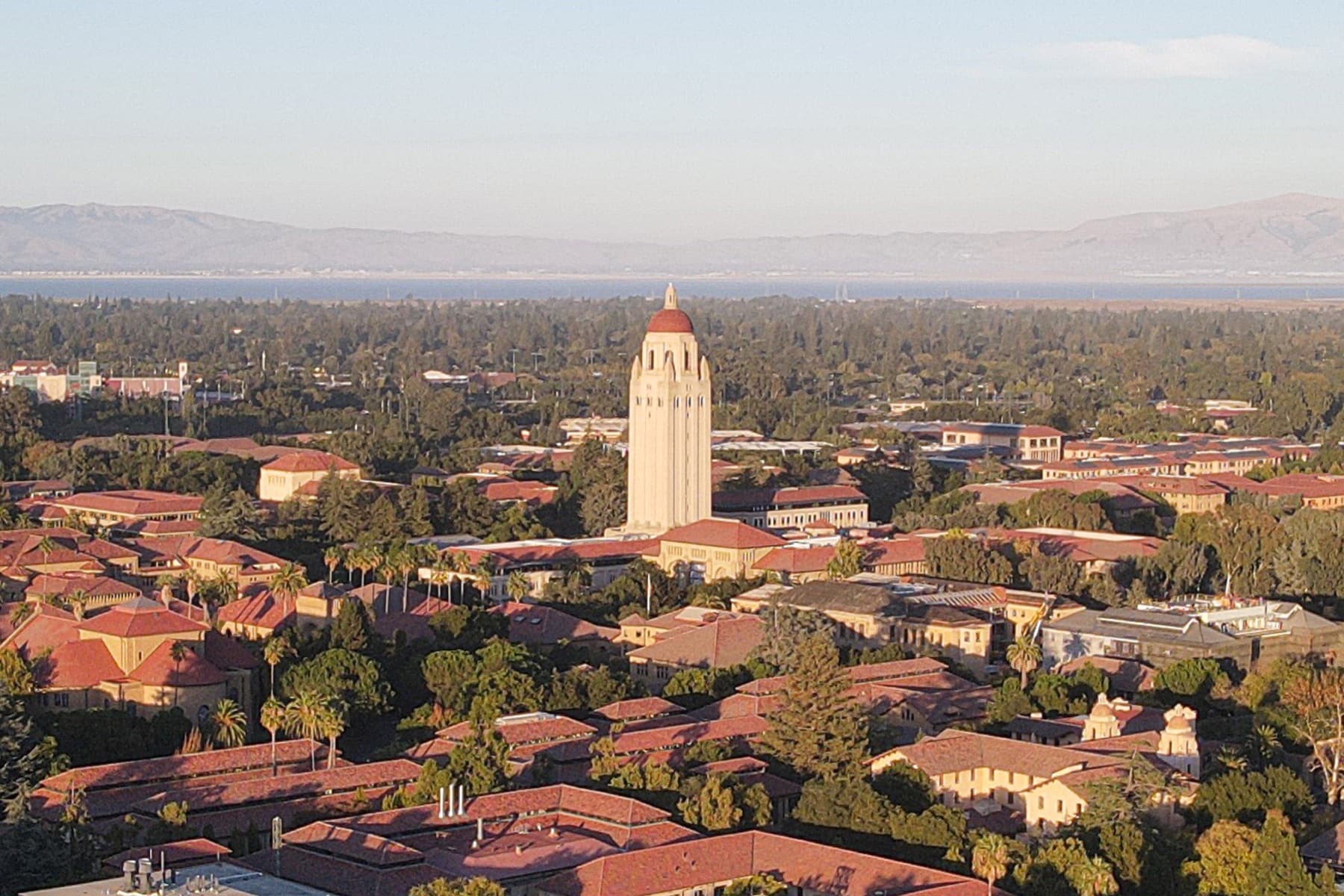 Stanford University from the air, with Hoover Tower and the Bay beyond — October 2024.