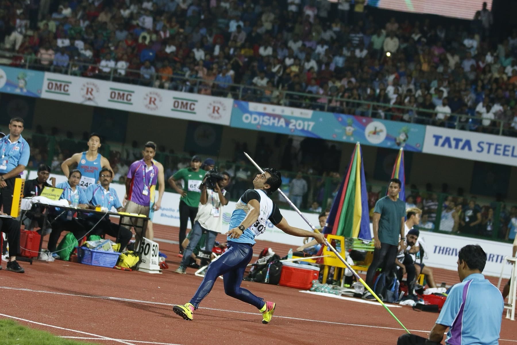 Neeraj Chopra coiled to throw for India at the 2017 Asian Athletics Championships in Bhubaneswar — the delivery that made him Asia’s standard before Gold Coast, Tokyo, and tonight’s Glasgow rematch.