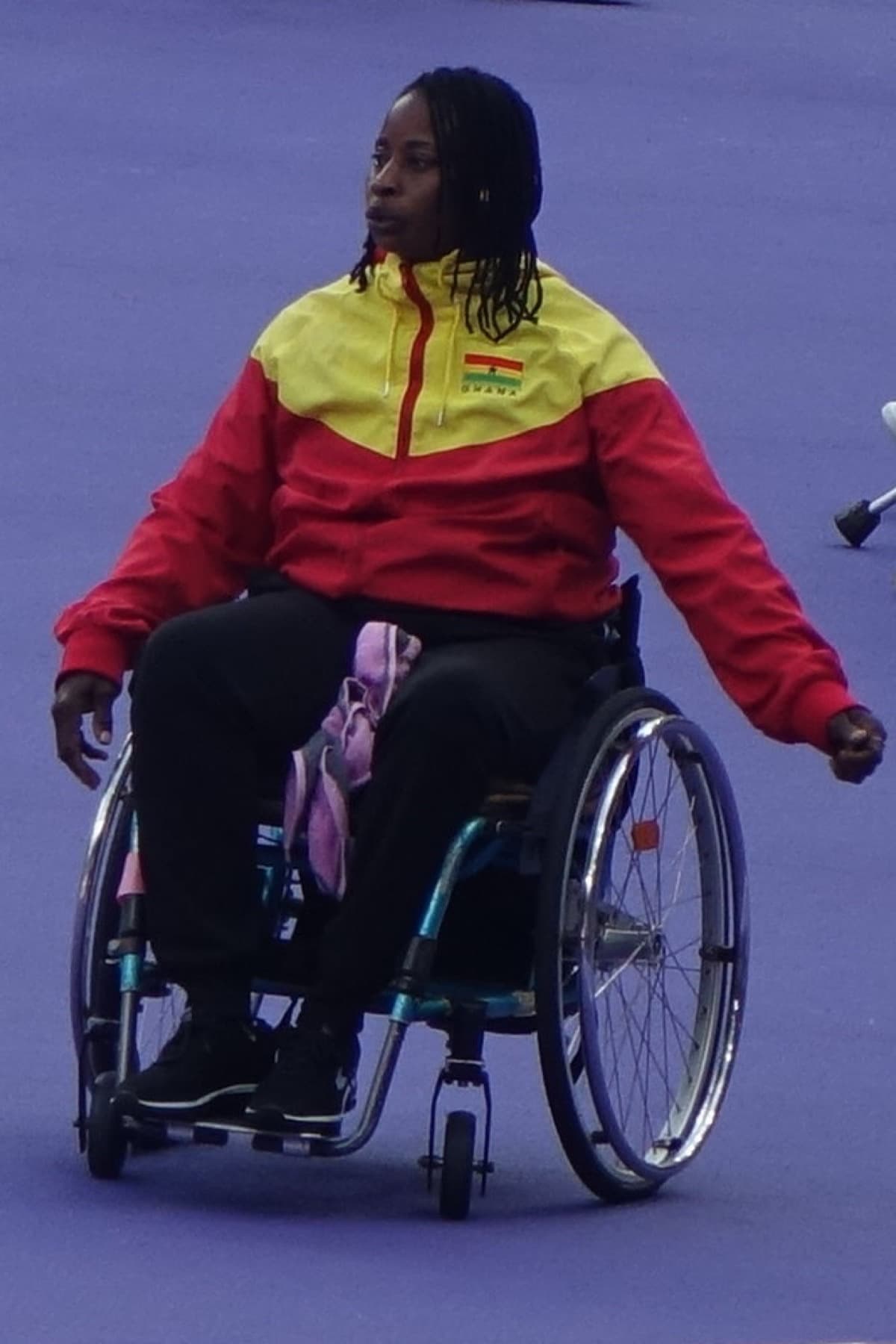 Ghana’s Zinabu Issah in women’s shot put F57 at the Paris 2024 Paralympics — she took silver behind India’s Sharmila Dhankar in Glasgow.