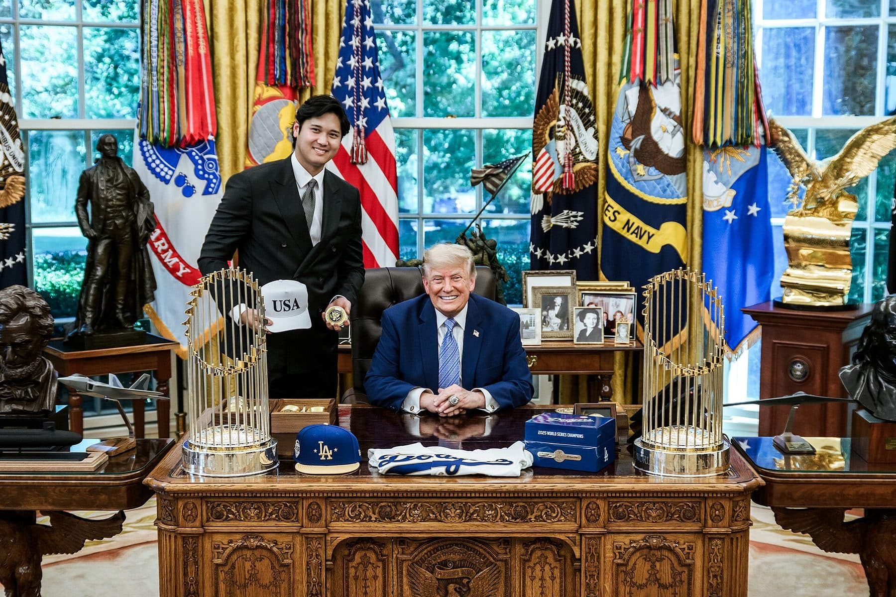 Shohei Ohtani with President Donald Trump in the Oval Office on July 23, 2026, after the Dodgers’ White House ceremony for their 2025 World Series title.