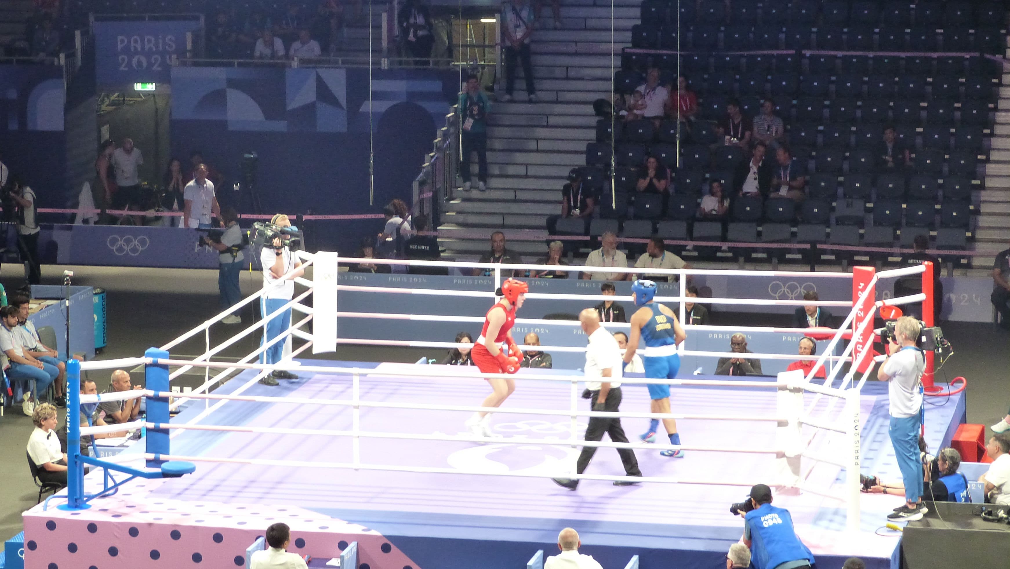 Lovlina Borgohain of India against Norway’s Sunniva Hofstad in the women’s 75 kg preliminary at the Paris 2024 Olympics — the Assam middleweight who opened India’s Glasgow medal account on a bye before throwing a punch.