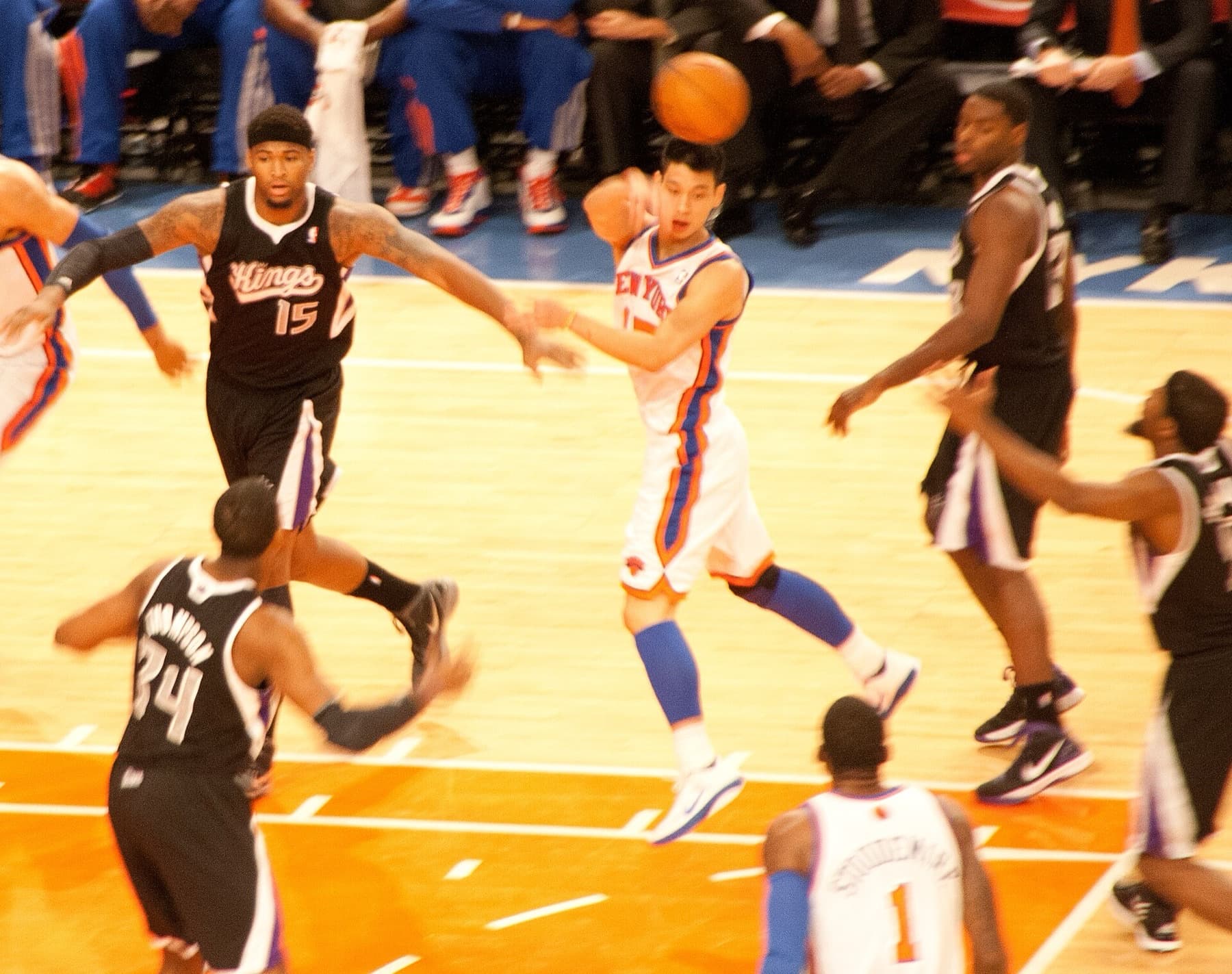Jeremy Lin driving for the New York Knicks against Sacramento at Madison Square Garden on February 15, 2012 — the Linsanity window that made him the face of Asian American basketball, fourteen years before this week’s NextGen camp.