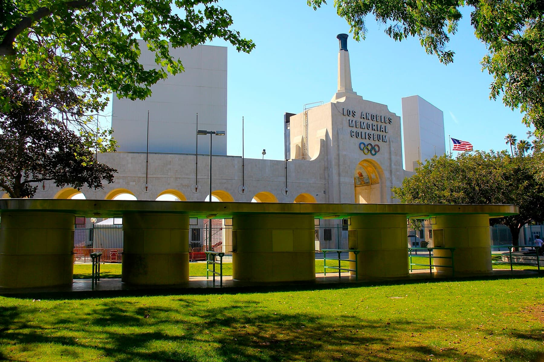 Ticket booths in front of the Los Angeles Memorial Coliseum peristyle, where Closing Ceremony and track and field will sit in 2028. LA28’s Drop 2 purchase windows run through Aug. 20.