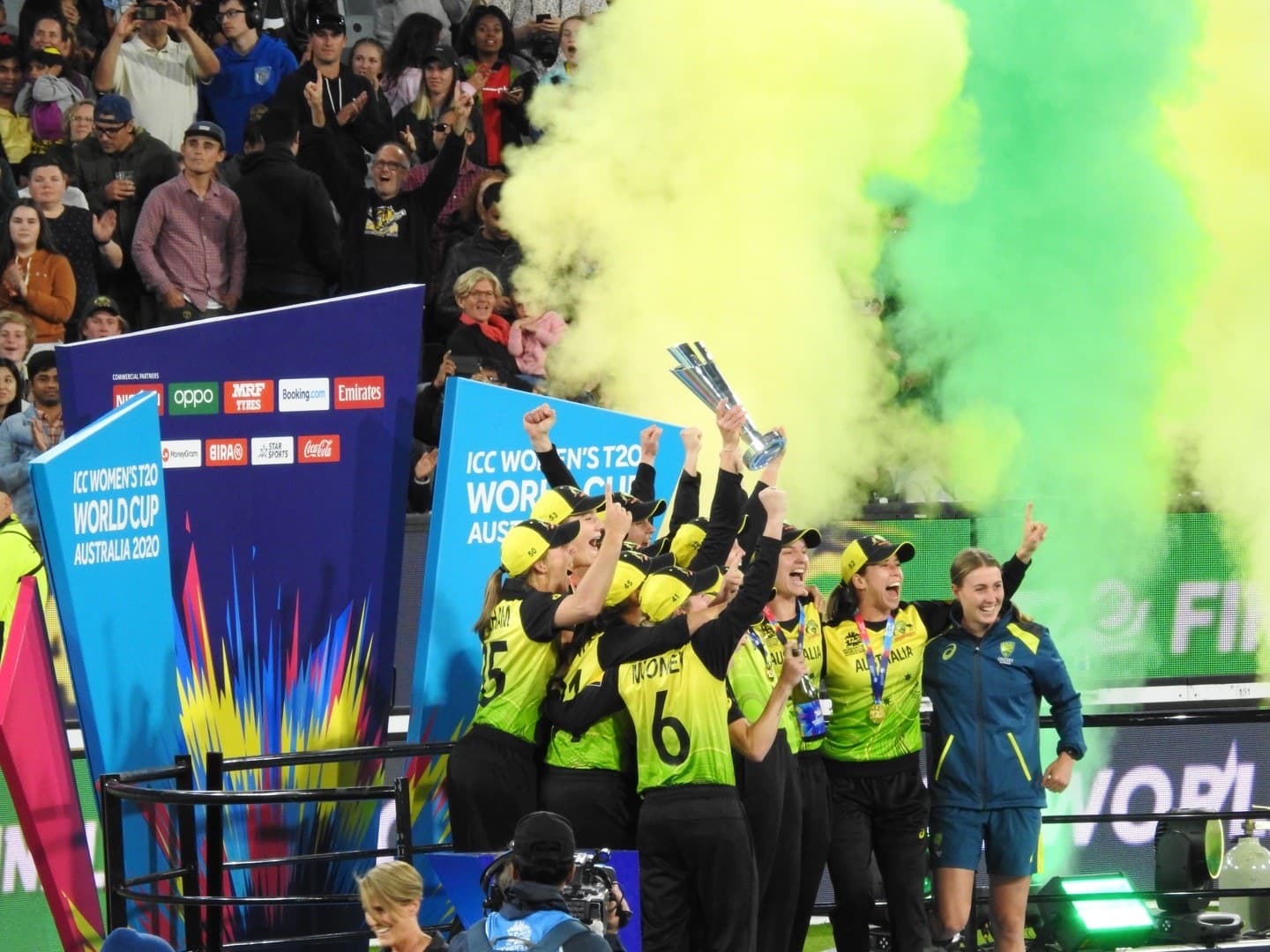 Australia celebrate winning the 2020 Women’s T20 World Cup at the MCG. At LA28, the women’s Olympic tournament opens July 12 — two days before the Opening Ceremony — with Australia already among the first four sides into the six-team field.
