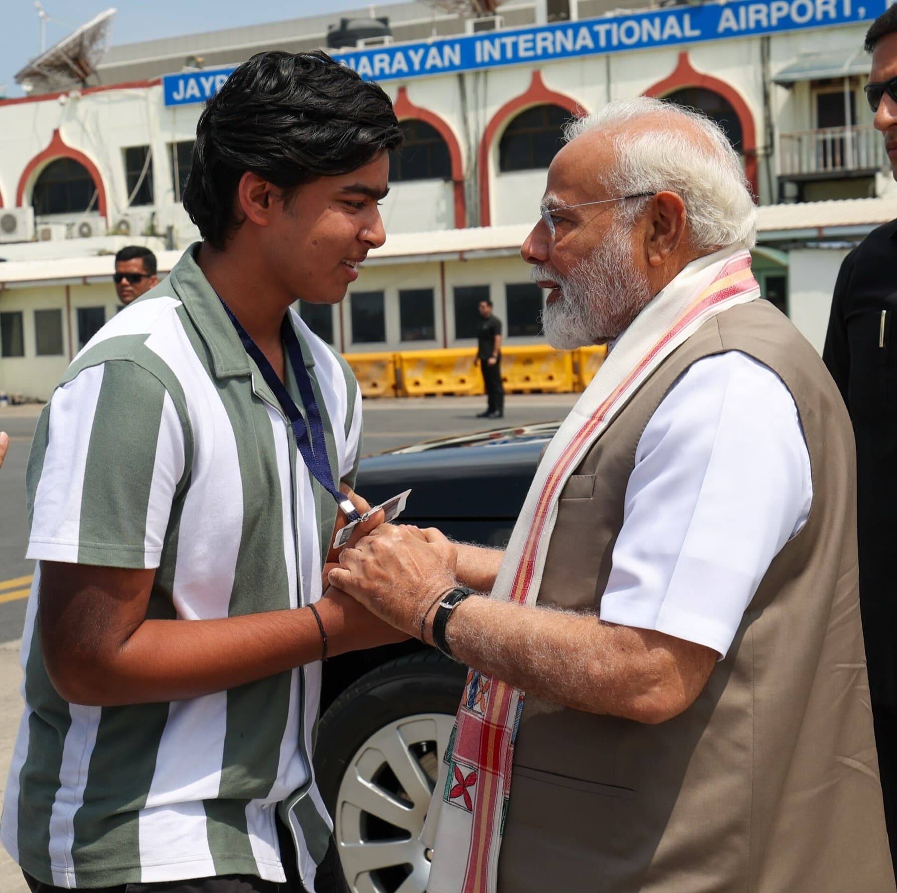 Vaibhav Sooryavanshi with Prime Minister Narendra Modi at Jay Prakash Narayan International Airport in Patna on May 30, 2025 — national attention arriving after his first IPL season, well before the Orange Cap and India cap that followed.