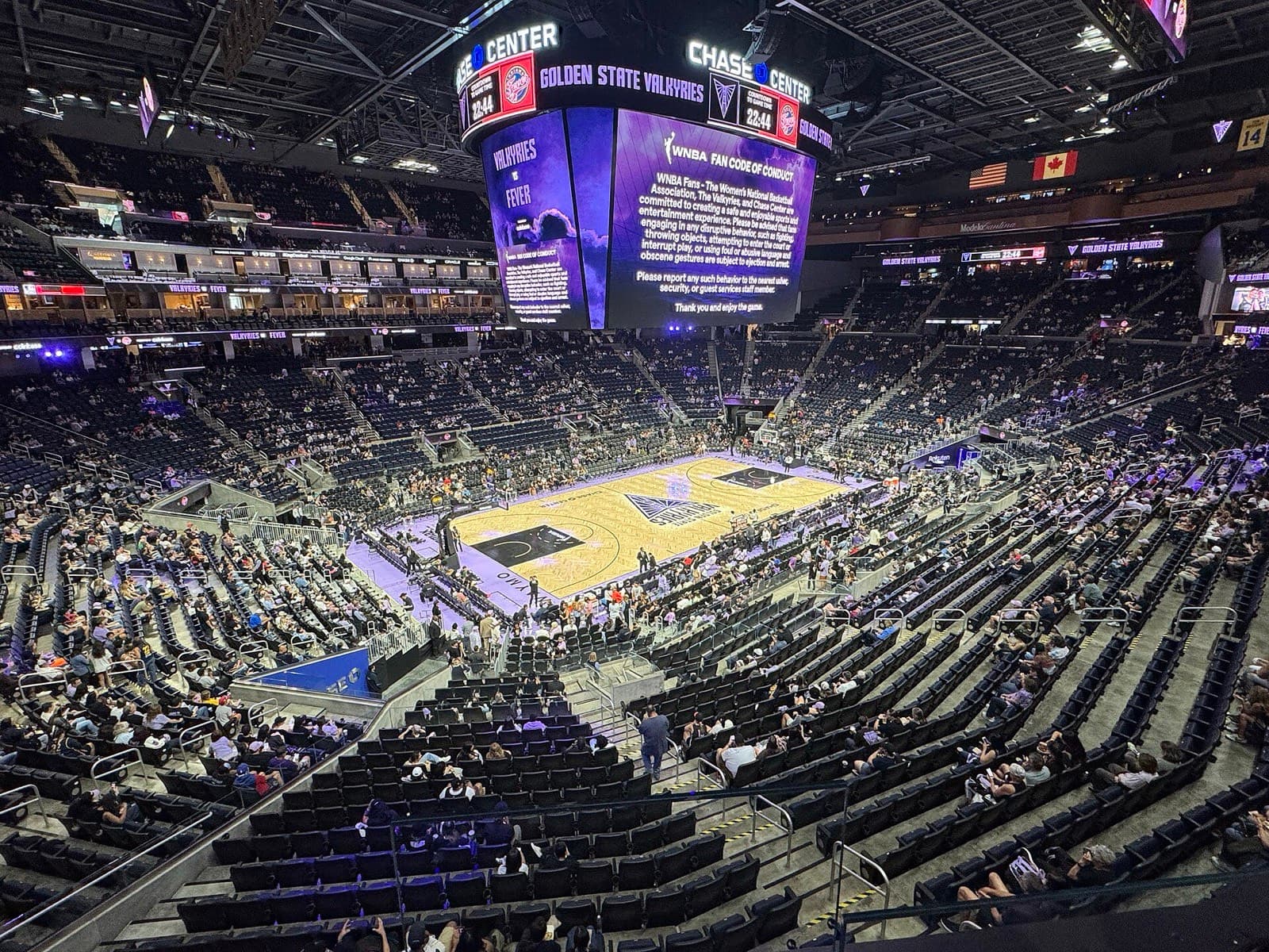Chase Center in Valkyrie violet before Golden State hosted Indiana on Aug. 31, 2025. The WNBA is bringing All-Star Weekend back to this floor on July 30–31, 2027.